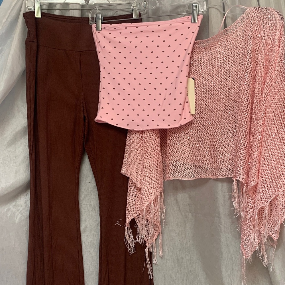 Pink Knit Fringe Poncho, Heart Bandeau & Brown Boot-Cut Pants